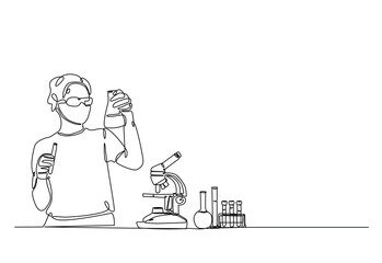 Scientist holding test tube in continuous one line drawing. Single line art illustration of Scientist and laboratory equipment. Editable vector.