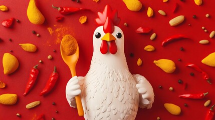 Naklejka premium Playful Chicken Mascot Holding a Ladle Amidst Spices, Curry Ingredients, and Colorful Seasonings on a Vibrant Red Background