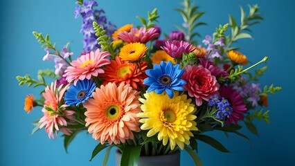 Vibrant Rainbow Floral Bouquet in Blue Vase, Colorful Gerbera Daisies, Lilies, and More