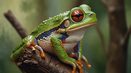 Vibrant red-eyed tree frog perched on a branch.