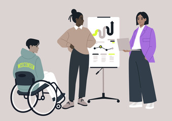 Three professionals participate in a dynamic business meeting, showcasing teamwork and inclusion in a modern office space, One member presents data, while others contribute ideas