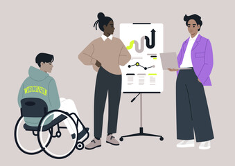 Three professionals participate in a dynamic business meeting, showcasing teamwork and inclusion in a modern office space, One member presents data, while others contribute ideas