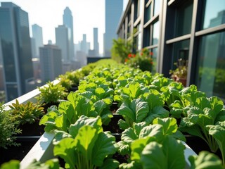 Urban rooftop garden utilizing hydroponics for sustainable micro agriculture in a high-rise city environment