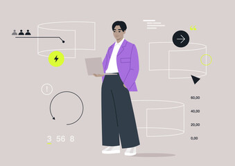 A modern character stands confidently with a laptop in a sleek environment filled with colorful, interactive screens displaying various data visuals