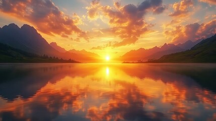 Fototapeta premium Mountain lake sunset reflection, fiery sky, calm water, travel poster