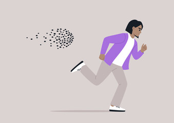 In a surprising turn of events, an individual dashes away from a menacing swarm of bees, showcasing a blend of humor and instinctive escape, the setting captures a comic urgency.