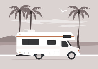 Journey into nature as an RV travels along a peaceful road, framed by tall palm trees and distant mountains, inviting a spirit of adventure and exploration