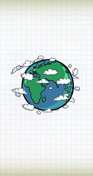 Earth globe green with moving clouds vertical on grid. Earth day cartoon animation. Fully hand drawn, dynamic, cartoon with black outline on exercise book doodle video 4k movie seamless loop.
&nbsp;
