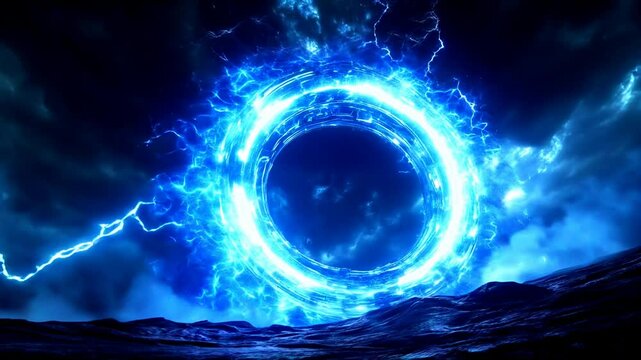 Glowing Blue Electric Ring Abstract Background Animation, Lightning Storm, Night Sky, Seamless Loop, Power Energy, VFX