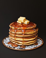 A stack of pancakes drizzled with syrup, with a lifelike pat of melting butter on top