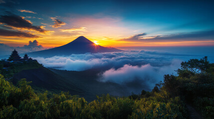 Pura Besakih temple on the slopes of Mount Agung largest and holiest temple at sunset - Bali, Indonesia