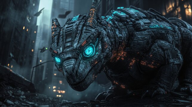 Futuristic Stygimoloch Dinosaur with Glowing Cybernetic Skull Enhancements in Dark Urban Ruins