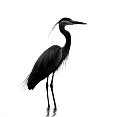 Obraz premium Majestic Heron in Monochrome: A Stunning Black and White Bird Photograph. Captivating wildlife image showcasing the bird's elegance and serene presence in its natural habitat.