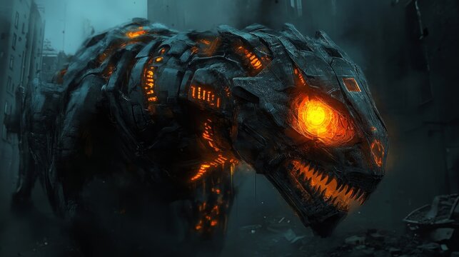 Cybernetic Stygimoloch: Futuristic Dinosaur with Glowing Skull in Dark Urban Ruins