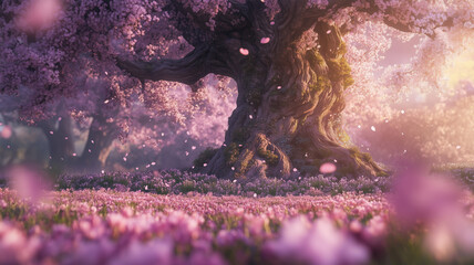 Fototapeta premium 満開の桜と春の花畑にそびえる荘厳な大木
