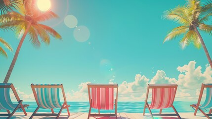 Obraz premium Beach chairs under palm trees on a sunny day, perfect for relaxing.
