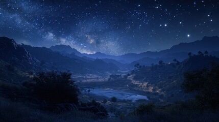 A starry night sky over a quiet mountain valley, with the Milky Way shining brightly