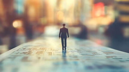 Tiny figure of a businessman walking on a document symbolizing a business journey signifies career ambition progress the path towards success or uncertainty.
