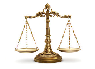 Golden Balance Scale Symbolizing Justice - Ornate golden balance scale representing justice, fairness, and law, isolated on a white background with intricate detailing.

