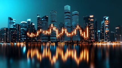 Fototapeta premium Night Cityscape Stock Photo Financial Market Candlestick Chart Overlay