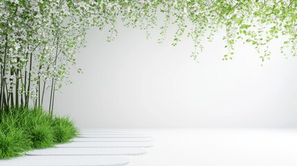 Obraz premium A zen garden with bamboo, blossoms, and a path, creating a serene and meditative space.