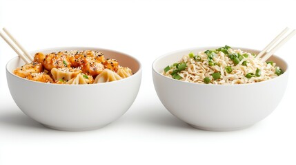 Two bowls, one with sesame-garnished dumplings and the other with green onion noodles, set against a white backdrop, ideal for Lunar New Year food promotions.