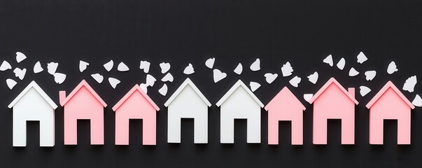 Obraz premium Pink and White Miniature Houses with Falling Paper Hearts on Black Background