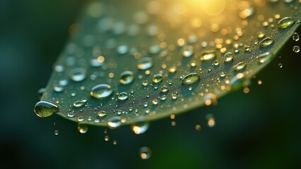 Dewdrops on a Leaf Glimmering with Morning Sunlight in a Natural Setting

