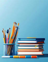 Art supplies, books, blue background, education.