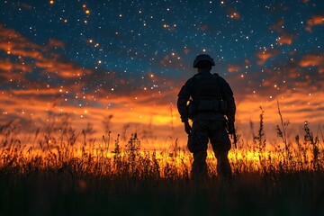Fototapeta premium Silhouette of Soldier Gazing at Starry Night Sky During Vibrant Sunset
