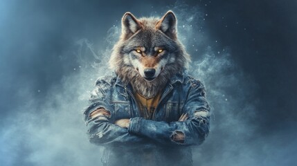 Snarling wolf with a distressed leather jacket showcases fierce attitude in captivating setting