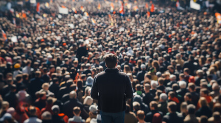 Resolute Figure Facing Vast Crowd in Display of Courageous Leadership