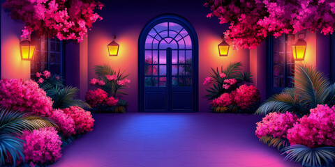 Fototapeta premium Nighttime Entrance: Illuminated Patio with Lush Bougainvillea and Palm Trees