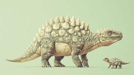 Obraz premium Protective Ankylosaurus Mother with Cute Offspring in Soft Neutral Tones on Flat Sage Green Background