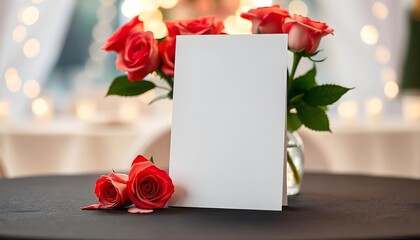Blank greeting card mockup on black table with roses in vase. Bokeh wedding celebration background