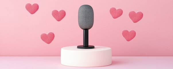 Romantic Microphone on Pink Background with Hearts Valentines Day Concept Love Song Recording Studio