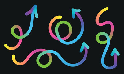 Neon Color Gradient squiggle lines arrows. Scribble stripe with wavy arrows