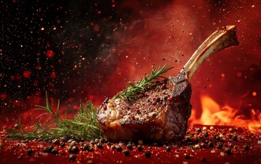A tender tomahawk steak levitating with sprigs of rosemary and cracked peppercorns against a fiery red backdrop
