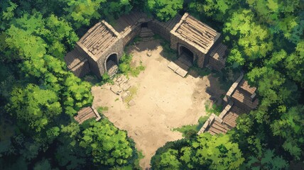 Aerial View of Ancient Stone Ruins in Lush Green Forest Overgrown Architecture Game Asset