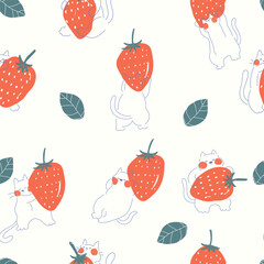 Cute cats and strawberries, seamless pattern. Vector illustration