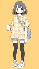 Fototapeta premium Adorable Anime Girl in Yellow Plaid Shirt Black Tights and White Sneakers