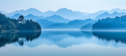 Serene Blue Lake with Mountain Reflections, Misty Morning Landscape,, Tranquil Nature Background