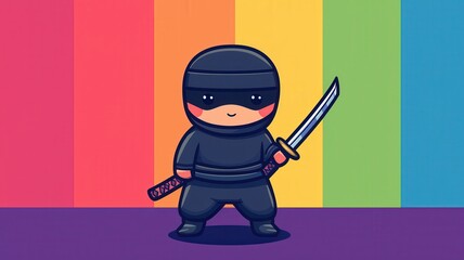 Adorable Cartoon Ninja Warrior with Katana Against Rainbow Background Cute Anime Style Illustration