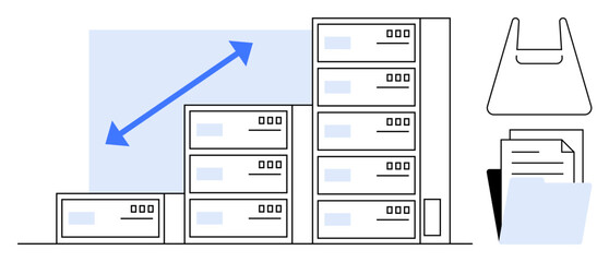 Server stacks of varying sizes show growth with arrows. Folder and file icons on the right side. Ideal for data growth, digital management, technology advancements, information storage, business