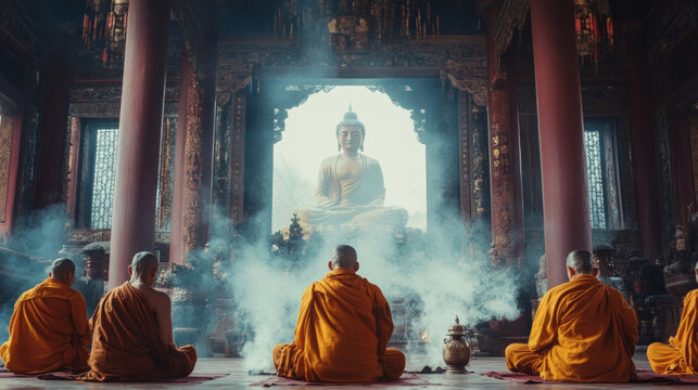 Monks engaged in deep prayer and chanting inside a serene temple surrounded by an atmosphere of spirituality