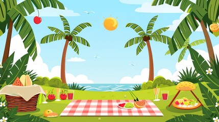 Obraz premium An illustration of a tropical beach picnic setting with a checkered blanket, palm trees, food, drinks and the ocean in the distance.