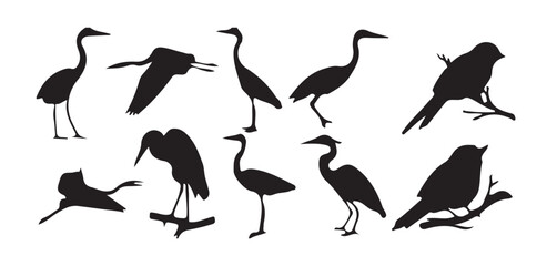 silhouettes of birds in black color.bird silhouette vector illustration,Diverse positions, flying, perching