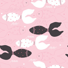 Seamless pattern with cute dark, pink and white fishes with hearts. Vector illustration for Valentine's Day.	