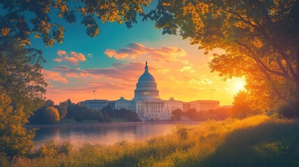 Obraz premium Capitol sunrise, autumn foliage, Washington DC, travel poster