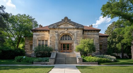 Obraz premium Historic Public Library Building Surrounded by Greenery Under a Clear Blue Sky